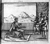 Incontro della regina Nzinga con i portoghesi. Regno di Ndongo, 1670.