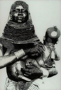Femme et enfant 1999 fixé sous verre encre de chine 44x31 cm