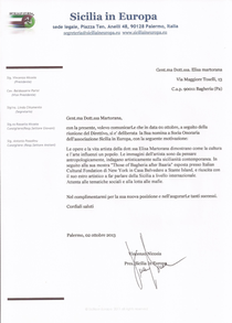 Lettera conferimento ad Elisa Martorana del titolo di "Socia Onoraria" di Sicilia in Europa