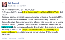 Dichiarazione fipav riportata da Ezio Barbieri in un post su Facebook