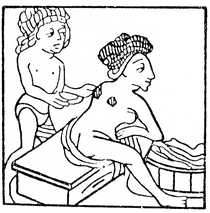     Schröpftherapie in einem Holzschnitt von 1418 
