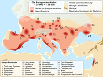 Karte der Aurignacien-Kultur zwischen 37 000 und 28 000 Jahre v. Chr.