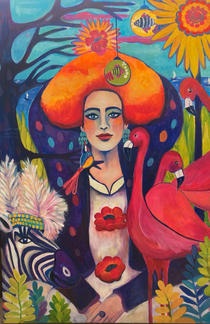 Queen of Fashion.Time out to n the Flamingo Garden. Version 2025. Auftrag. 120x80 cm . Acryl auf Leinwand