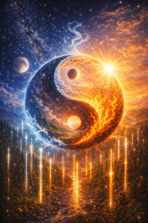 Yin & Yang Verbindung von Gegensätzen. Männlich und weiblich, Licht und Schatten.  Eins mit den Elementen: Wasser, Feuer, Luft und Erde. Alles ist verbunden.  