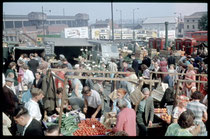 Photograph of the Bull Ring street market, taken on the last day of street trading 12.09.1959. See Acknowledgements for a link to Keith Berry's online collection of photographs.