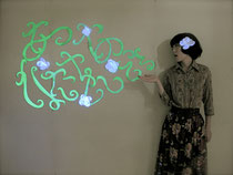 2011  "She Sings." 2011 postercolor (fluorescence), paper, thread, model "Tomo"