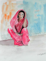 "Le sari rose", aquarelle sur papier