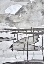 Sea and full moon/sumi-e/15,8x22,8cm/ID: 7S35-0863