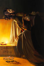 Cartel 50 Aniversario de la hechura del Yacente de Coria del Rio. 146 x 97 cm. Óleo sobre lienzo. 2021