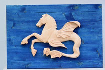 Hippokamp, Zirbe auf Fichtenplatte 60 x 40 cm