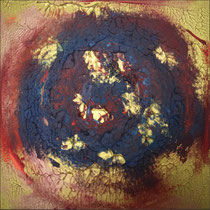 Blauer Baum im golden Abendrothimmel rechts . 40 x 40 cm