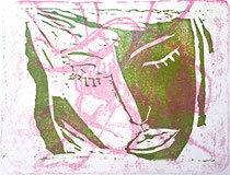 Portrait überdruckt, 2024, 24 x 30 cm, Holzschnitt auf Lithografie