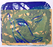 Portrait überdruckt, 2024, 26 x 30 cm, Holzschnitt auf Lithografie