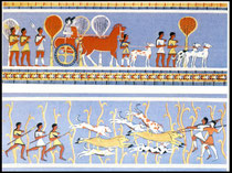 Affresco di caccia al cinghiale e di processione con levrieri, da Tirinto 1500 circa a.c., Museo di Atene.