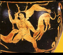 Vaso apulo a figure rosse, Atteone già parzialmente trasmutato assalito dai suoi levrieri, IV sec.a.c.,