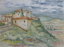 Häuser auf dem Berg in der Toskana, 1995, Aquarell, 30x40