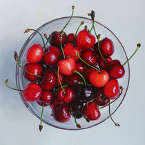 Cherries in a glass bowl, oil on canvas, 100 x 100 cm