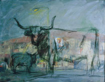 Long Horns Over 7 Eleven, 1988. 38 x 30 in. Charcoal and oil paint on canvas. #88PA009L