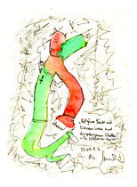 “Rotgrüner Läufer mit Eisernem Kreuz und eingefangenem Schatten” - In schwarzer Nacht - WVZ 991 / datiert 25.05.96 / Aquarell, Filzstift auf Papier / b 18,0 cm * h 24,0 cm