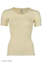 Onderhemd met korte mouwen in 70% merinowol (bio) en 30% zijde fijne rib, naturel, Engel, beschikbaar in de maten 34/36: 45,00 €; 42/44: 48,50 € en 46/48: 51,00 €