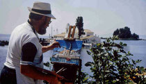 "Le Peintre au travail sur place à Pontikonissi,Corfou"
