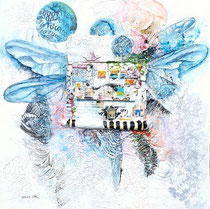 Quo vadis 1, Holz, Computerfragment, Acrylfarbe Insekten, Druck, Resin, Zeichenstift auf Lw. 80 x 80 cm