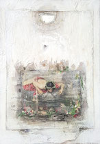 NARCISS IM ECHORAUM, Acrylfarbe, Holz, Spiegelscherbe, Textil auf Lw.100 x 80 cm