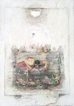 NARCISS IM ECHORAUM, Acrylfarbe, Holz, Spiegelscherbe, Textil auf Lw.100 x 80 cm