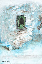 FRAGENDE TIERE/ Was gibst du mir? Acrylfarbe, konservierter Frosch, Marmormehl auf Lw. , 60 x 40 cm