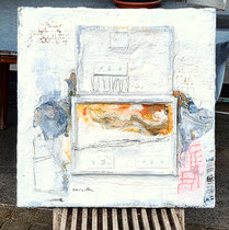 Das Gewicht der Welt, Holz, Acrylfarbe, Marmormehl, Lack, Zeichenstift auf Lw, 60 x 60 cm