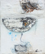 Überfahrt mit Falter, 60 x 50 cm, Acrylfarbe, Marmormehl, Holz, Zeichnungen