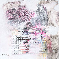 Quo Vadis 2, Acrylfarbe, Sand, PC-Fragment, Laserdruck, Zeichenstift auf Lw. 40 x 40 cm