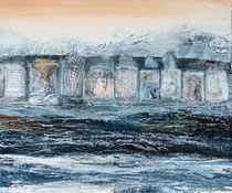 UNGEWISSE LANDSCHAFT 1, Acrylfarbe, Zeichenstift, Schriftkopien auf Lw.  100 x 120 cm