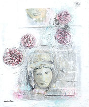 Aphrodite mit Rosen, Acrylfarbe, Holz, Laserdruck, Zeichenstift auf Lw., 60 x 50 cm