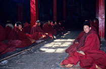 Monks during a Puja in Ganden Monastery, Tibet 1993