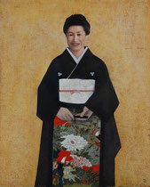 "madame Matsutomi et le kimono Jakuchu" ( motif du kimono, reprise d'un kakemono de Ito Jakuchu)