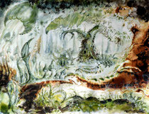 Mysteriöse Zusammenkunft im Tiefsten Wald; Martin Welzel, 2024; 50 x 65 cm; Tusche, Acryl, Farbstifte auf Aquarellpapier