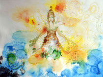 Frau Holles Geschenke; Martin Welzel, 2025; 46 x 61 cm; Acryl, Farbstifte auf Aquarellpapier
