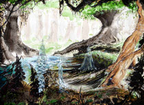 Rückkehr in den Nördlichen Wald; Martin Welzel, 2022; 60 x 80 cm; Tusche, Aquarell, Farbstifte auf Papier
