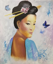 "Sachiko" (= Kind des Glücks), Acryl u.Öl auf Leinwand im Schattenfugenrahmen, 50 x 60 cm
