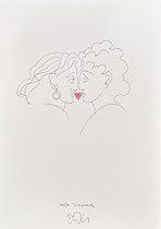 Dessin minimaliste de Frank Eric Zeidler représentant deux visages proches reliés par un petit cœur rose — symbole d’amour et de complicité, Galerie Gabel.