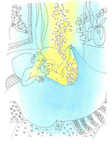 Dessin original de Frank Eric Zeidler illustrant deux amoureux blottis sous une couverture bleue, entourés de fleurs et de douceur — thème de l’intimité et du rêve, Galerie Gabel.
