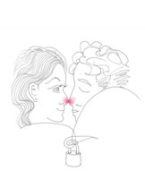 Dessin minimaliste de Frank Eric Zeidler représentant deux visages proches reliés par un cadenas, symbole d’amour indéfectible — dessin original exposé à la Galerie Gabel.