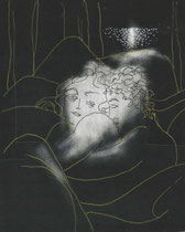 Dessin de Frank Eric Zeidler montrant deux amants dans une chambre ouverte sur un paysage nocturne au clair de lune — œuvre sensuelle et rêveuse, Galerie Gabel.