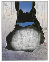 Dessin de Frank Eric Zeidler montrant deux amants dans une chambre ouverte sur un paysage nocturne — œuvre sensuelle et rêveuse, Galerie Gabel.