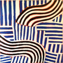 Gordon Hopkins, peinture à l’huile sur toile abstraite et graphique, motifs de bandes ondulées noires et blanches sur fond bleu et rouge, art contemporain – Galerie Gabel, Biot