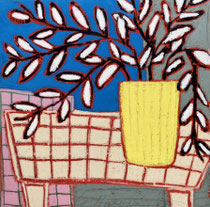 Peinture contemporaine de Gordon Hopkins représentant  un vase jaune et de feuillages graphiques, aux aplats de couleurs bleu, jaune et rose– Galerie Gabel, sud de la France