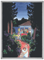 Scène joyeuse dessinée par Frank Eric Zeidler, où des couples dansent, s’embrassent et partagent un moment festif — œuvre originale sur l’amour et la convivialité, Galerie Gabel.