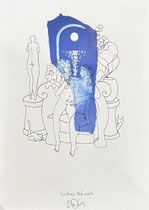 Dessin original de Frank Eric Zeidler montrant un couple enlacé assis sur un banc, baigné par la lumière bleue de la lune — œuvre délicate sur le thème de la tendresse retrouvée, Galerie Gabel.
