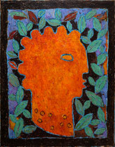 Œuvre contemporaine en technique mixte sur bois représentant un visage stylisé orange entouré de feuillage vert sur fond bleu, art contemporain – Galerie Gabel, Biot